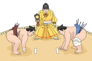 Sumo wrestlers and the gyoji